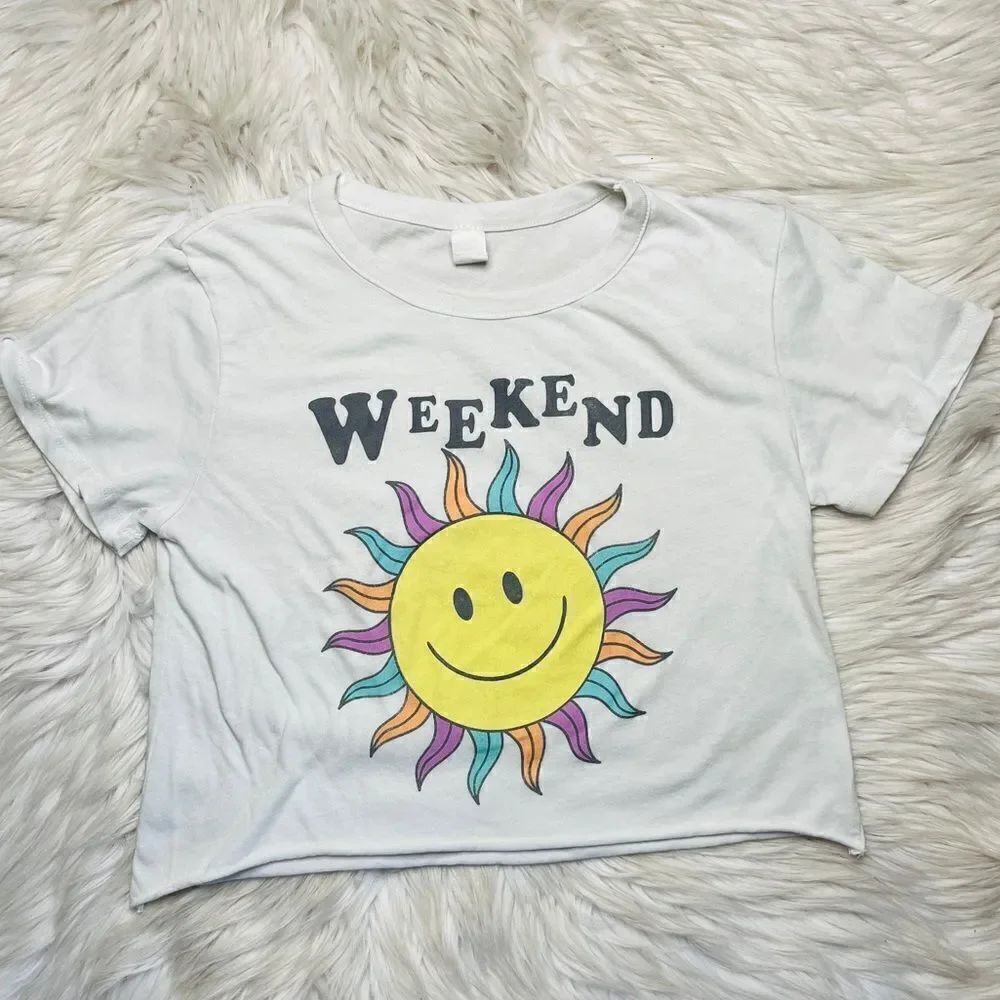 Groovy Sunny Weekend Short Sleeve Cropped Shirt White Yellow Medium